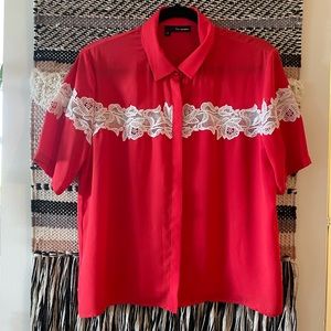 Kooples Red Button Front Shirt with lace inset
